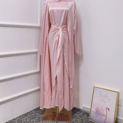 Satin 3pcs Maxi Dress Sets Matching Suit Women Fashion Elegant Muslim Abaya Kimono Inner Dress Wrap Skirt Apron Chiffon Scarf