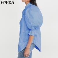 VONDA Women Casual Lapel Puff Sleeve Solid Button y Party Blouse