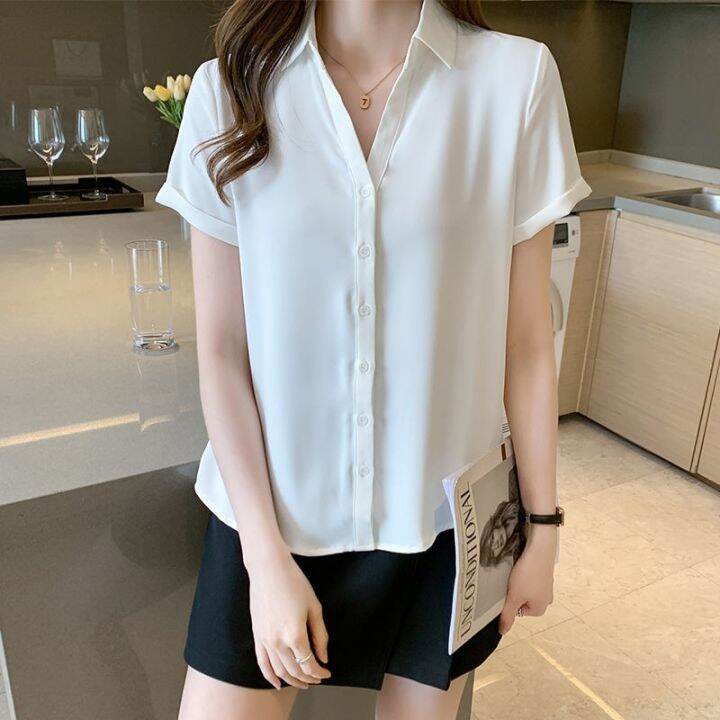 v-neck-white-chiffon-top-professional-female-a-short-sleeved-shirt-overalls-summer-dress-commuter-shimmy-temperament