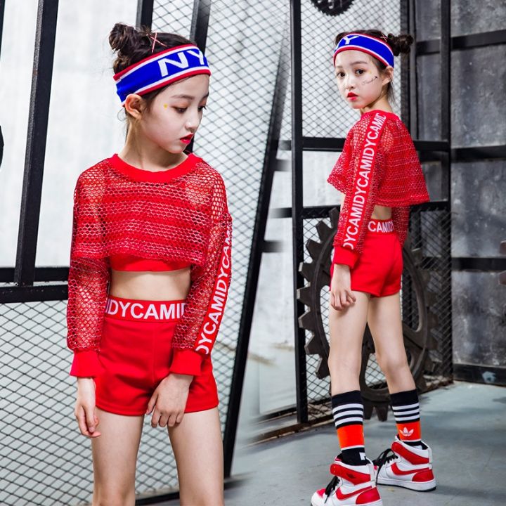 ชุดแจ๊สแดนซ์เด็กสีแดงเด็กผู้หญิงชุดเต้นฮิปฮอป