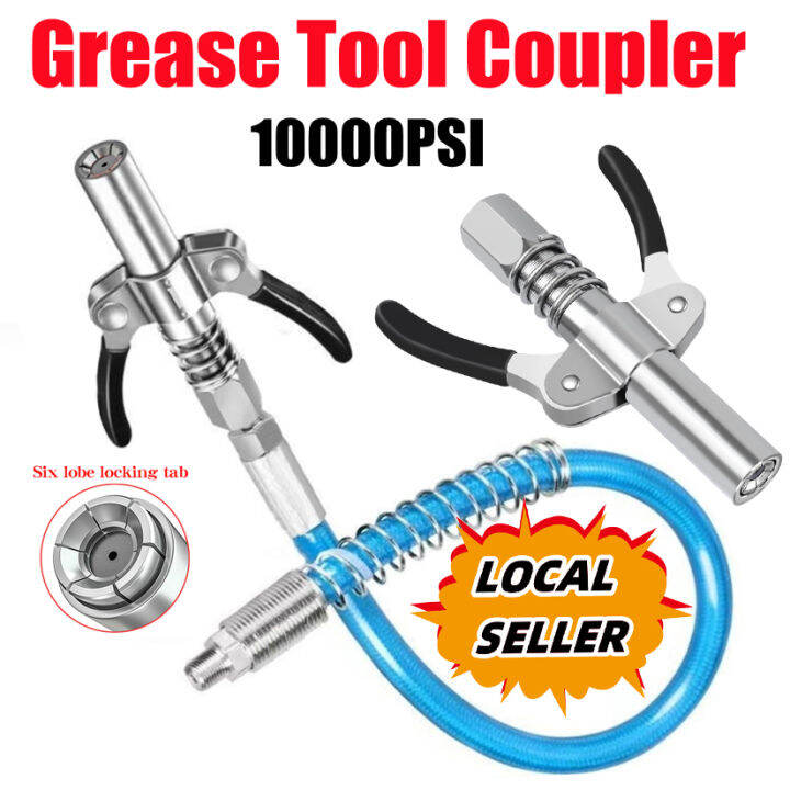 Grease Gun Coupler locks onto Zerk fittings. Grease goes in, not on the