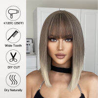 LOUIS FERRE Short Ash วิกผมสีน้ำตาลสำหรับผู้หญิง Synthetic Ombre Brown Straight Wigs With Bangs Shoulder Length Brown Natural Hairhot