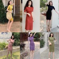 COD tjjs079 Womens Fashion Solid Pencil Dress O Collar Short Sleeve Midi Dress 2019 Harajuku Summer Women OL Work Elegant Dress