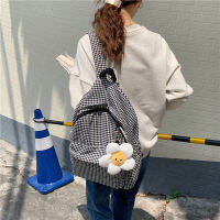 [Spot] 19202 Houndstooth Woolen Backpack Korean Style Chessboard Plaid Backpack Female Large Capacity Student Schoolbag