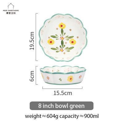 678in Ceramic Flowers Pattern Fruit Salad Bowl Wavy Edge Rice Cereal Pasta Dessert Noodles Bowls Kitchen Tableware