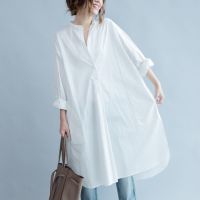 ZZOOI #2940 Spring Cotton Round Neck Tunic Shirt Dress Women Cotton White Plus Size Loose Casual Side Split Long Blouses Plus Size