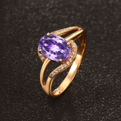 แหวนทองคำ 18k Rose แหวนอเมทิสต์รูปไข่แม่ Sky Gem เปิดวงแหวนปรับได้ U1BS
