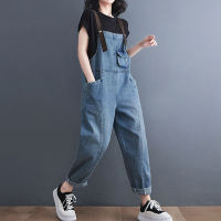 ผู้หญิงแขนกุด Denim Rompers ฤดูใบไม้ผลิฤดูใบไม้ร่วง Vintage Jumpsuits หลวมกางเกงขากว้างหญิง Casual Overalls Playsuits