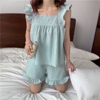 Women Pajama Sets Plaid Loose Sleeveless Tops and Shorts Square Collar Sweet Girls Daily Chic Korean Sleepwear Plus Size M-2XL