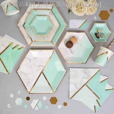 【CW】❆✺❏  Mint Paper Disposable Plates and Napkins Marble Pattern Tableware Birthday Supplies
