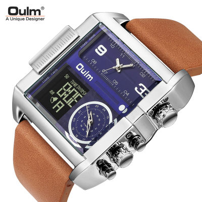 Oulm ผู้ชายกีฬานาฬิกา3โซนเวลาแฟชั่น LED นาฬิกาดิจิตอลชายบิ๊กแบบ Dial ควอตซ์นาฬิกาหนังนาฬิกาข้อมือ R Eloj H Ombre