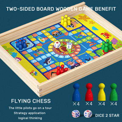 Board Game Chess Set 9-in-1 Portable Funny Wooden Tabletop Games Flying Chess Chinese Checkers Flying Ludo Board Game Toys