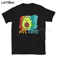 Avocado Cat Tshirts Anime Cartoon Kawaii Cotton Tees Black T Shirt 100% Cotton Gildan