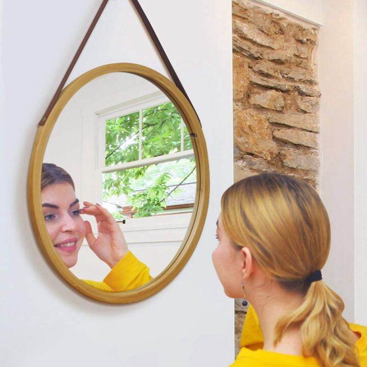 hanging-round-wall-mirror-in-bathroom-amp-bedroom-solid-bamboo-frame-amp-adjustable-leather-strap