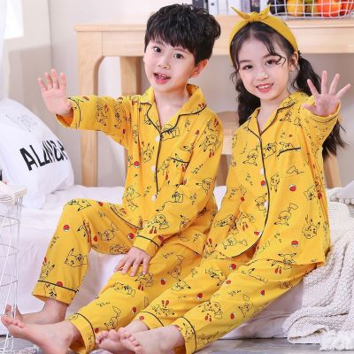 MUJI High quality spring and autumn long-sleeved childrens pajamas for boys girls big children boys girls boys girls cartoon home clothes air-conditioning clothes set