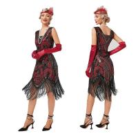 ใหม่ผู้หญิงเลื่อมลูกปัด Art Deco Flapper ชุด20S Great Gatsby Party Fringe ชุด V คอแขนกุดเย็บปักถักร้อย Midi Dress