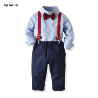 Top and Top Fashion Boys Gentleman Clothing Sets Cotton Long Sleeve Shirt with Bowtie Overalls Outfits Suits Kids Boys Clothes