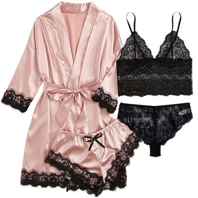 [Cos imitation] 4PCS ชุดนอนสีชมพูชุดสำหรับสตรีซาตินผ้าไหมชุดนอนสตรี Nightdress ชุดชั้นใน Robe ชุดชั้นในชุดนอนเซ็กซี่เสื้อผ้า Femme