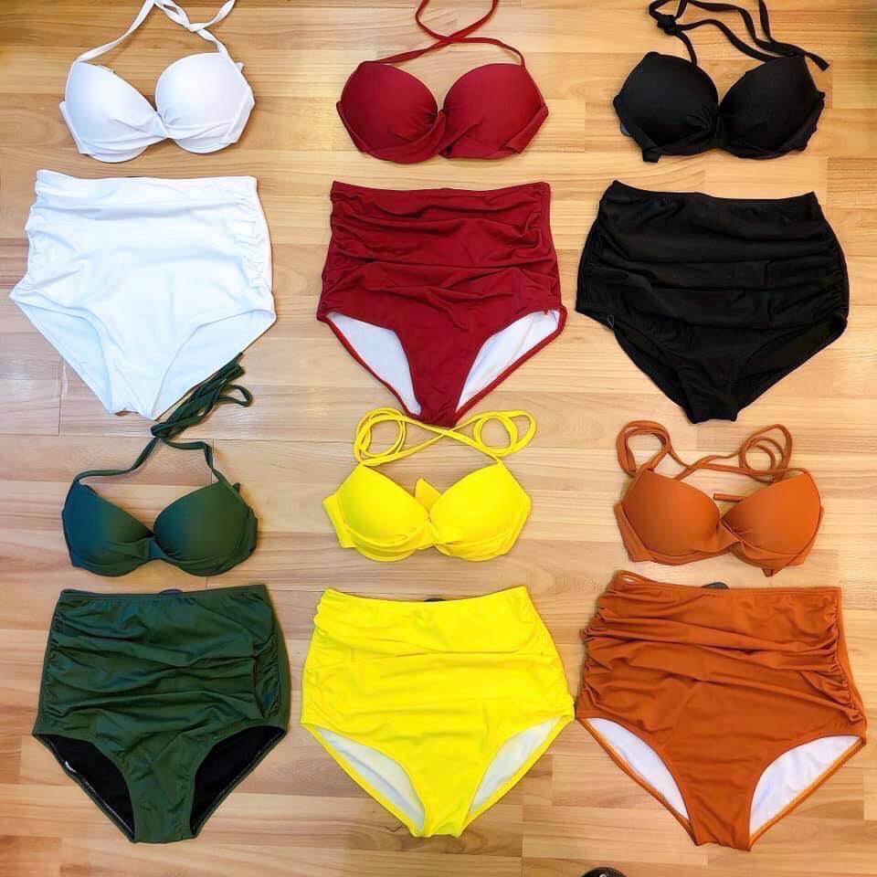 Đồ Bơi Nữ 2 Mảnh Xoắn Ngực Nhiều Màu Set Bikini Quần Cạp Cao Nhún Che Bụng [Ảnh Chụp Thật] - OS025