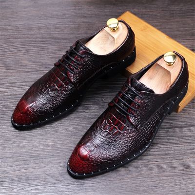 Genuine Leather Men Crocodile Dress Leather Shoes Lace-Up Wedding Party Shoe Mans Business Office Oxfords Flats Plus Size 38-48