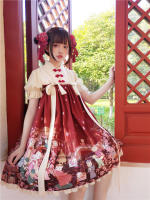 Cat Lantern Show Chinese Style Hanfu Ruqun Dress Lolita OP Short Sleeve Dress Cute Fairy Kei Red &amp; Black