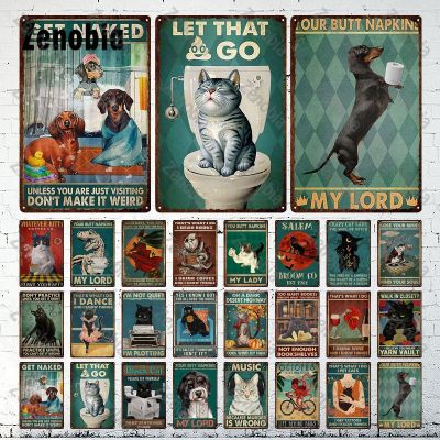 Animal Pet Black Cat Metal Poster Funny Vintage Plaque Metal Signs Tin Signs Cat Sitting On Toilet Tin Plate for Bathroom Decor
