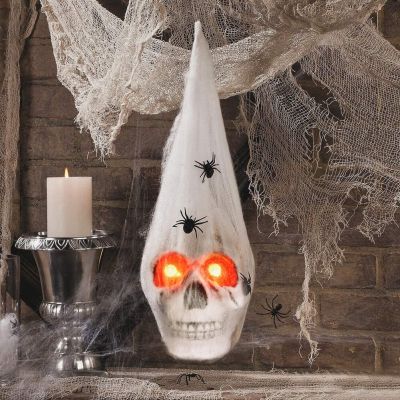 Halloween Glowing Skull Decoration Scary Hanging Skeleton Head with Spider Web Haunted House Party Prop Halloween Outdoor Decor