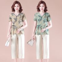 Mother summer wear western style short sleeve T-shirt 40 50 wealthy woman fashion cotton and linen suit middle-aged female temperament coat