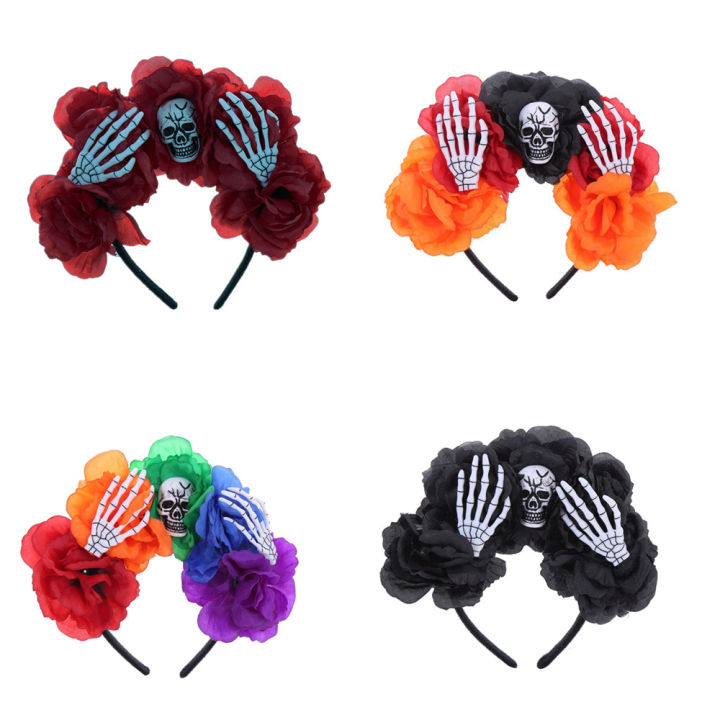 dark-flower-crown-sugar-skull-hairband-floral-skull-headpiece-gothic-rose-headband-day-of-the-dead-hair-accessories