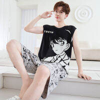 New Modal Pajamas MenS Summer Sleeveless Cartoon Conan Vest, Young People Cool -Sensitive Home Clothing Suit