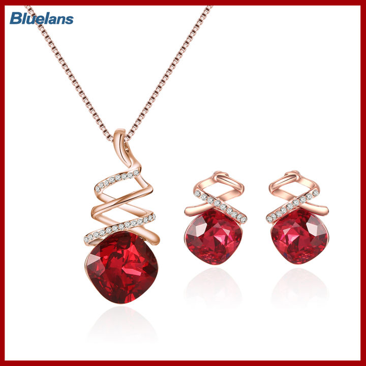 bluelans-1ชุดสร้อยสตรีรูปทรงเรขาคณิตลูกบาศก์-zirconia-บิดสง่างามสีแดงตาราง-rhinestone-กระดุมติดหน้าอกฝังเลี่ยมชุดเครื่องประดับแฟชั่น