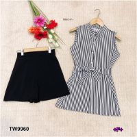 TW9960   Set เสื้อคอจีนแขนกุด ลายริ้ว+ กางเกงขาสั้น + สายผูกเอว  **สอบถามก่อนสั่งซื้อ**