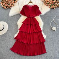 COD DSFGRDGHHHHH Summer Vintage V-Neck High Waist Cake Dress Womens Elegant Party Strap Long Dress Seaside Holiday Dress