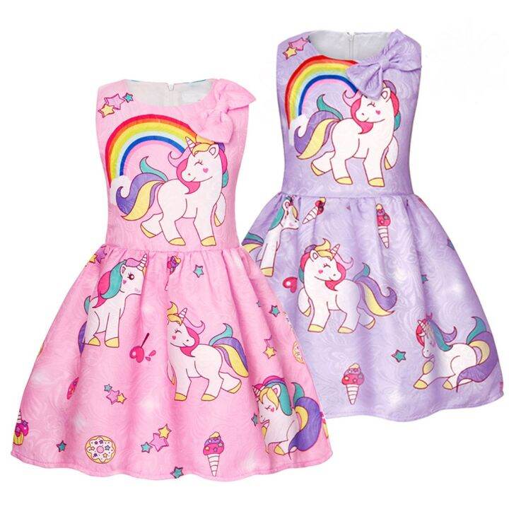 Little Girls Rainbow Unicorn Dress Stars Costume Cartoon Print Sleeveless Dress Up Cosplay ...