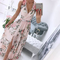 Print Floral Spaghetti Strap Long Womans Dress V-neck Split Backless Female Dresses Stylish Elegant Office Lady Vestidos