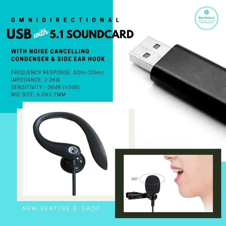 USB Plug ClipOn Lapel Microphone with Side Ear Hook for Mobile Phone