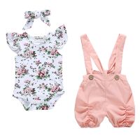 ชุดบอดี้สูท3ชิ้นสำหรับเด็กแรกเกิด Baju Bayi Perempuan ฤดูร้อนชุดสีทึบแขนกุดแฟชั่นสายคาดศีรษะชุดเอี๊ยมลำลองเสื้อผ้าเด็กอ่อนผ้าโพกหัว