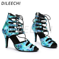 DILEECHI มาใหม่รองเท้าเต้นรำละตินผู้หญิงดอกไม้สีเขียวพิมพ์หนังพรรคแต่งงานรองเท้าเต้นรำบอลรูมสายรัดส้นสูง