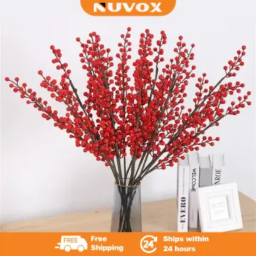 20pcs Artificial Red Berries Fake Flowers Fruits Berry Stems Crafts Floral  Bouquet For Wedding Chri