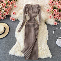 Elegant o neck split tight elastic knit dress  new autumn winter long-sleeved bottoming sweater dresses for womens vestidos