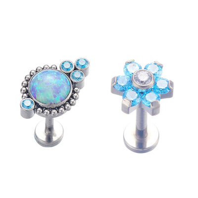 Titanium Body Jewelry Internally Threaded Blue Cluster and Flower Helix Ear Piercing