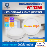 IWACHI โคมไฟดาวน์ไลท์ LED ดาวน์ไลท์ติดลอย ดาวไลท์ LED แบบติดลอย โคมไฟ LED โคมไฟเพดาน LED หลอดไฟดาวน์ไลท์ Downlight แบบกลม 6 นิ้ว 12W IWACHI ขอบสีขาว ( 8ชุด )