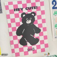 DADDY | Hey Cute Pink Poster A3 โปสเตอร์สีชมพู ลายตารางกับน้องหมี สุดเท่