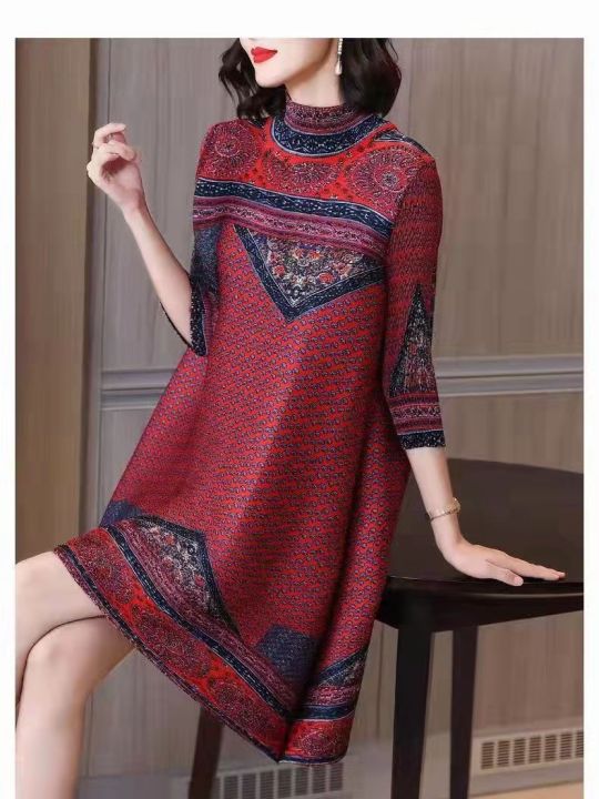 miyake-คอเต่าชุดผู้หญิงแบบจับจีบผู้หญิงอารมณ์ชุดพิมพ์ลายสายขนาดพิเศษวินเทจเสื้อผ้าอินดี้60367