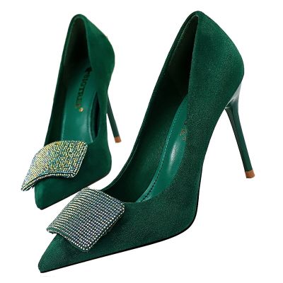 2023 Women 9.5cm High Heels Crystal Glitter Pumps Lady Wedding Green Yellow Blue Heels Female Scarpins Valentine Bridal Shoes