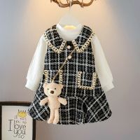 3-7Y Girl Baby Party Princess Autumn Dresses Kids Elegant Plaid Costumes Fashion Long Sleeve Sweet Tweed Clothes With Bear Bags  by Hs2023