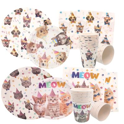 ▨ஐ 10Pcs Pet Cat Dog Print Paper Cup Plate Napkins Disposable Cutlery Happy Birthday Pet Party Baby Shower Decoration Supplies