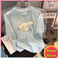 jxb137พร้อมส่ง เสื้อยืดแขนสั้น ผ้าฝ้าย ทรงหลวม ลายตุ๊กตา Cinnamoroll น่ารัก สีฟ้า สําหรับผู้หญิง