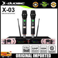 (ใหม่ 2023) ไมโครโฟนไร้สายระดับมืออาชีพ X-DUOMIC X-03 ช่องสัญญาณคู่, เอาต์พุตอินเทอร์เฟซ 6.35 มม. เอาต์พุตไฮบริด, แหล่งจ่ายไฟแบตเตอรี่ AA, ความถี่ลอยตัว UHF 600HMz, โครงสร้างมาตรฐาน 1U, ระยะรับสัญญาณเสาอากาศคู่ 100 เมตร