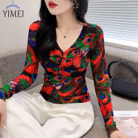 YIMEI เสื้อตาข่ายแขนยาว2023คอวีอเนกประสงค์ดีไซน์แฟชั่นแบบใหม่ในฤดูใบไม้ร่วงแขนยาวเสื้อยืดพิมพ์ลายผู้หญิง